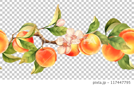 Hand-drawn pattern, seamless fruit border of peaches and leaves. 117447795
