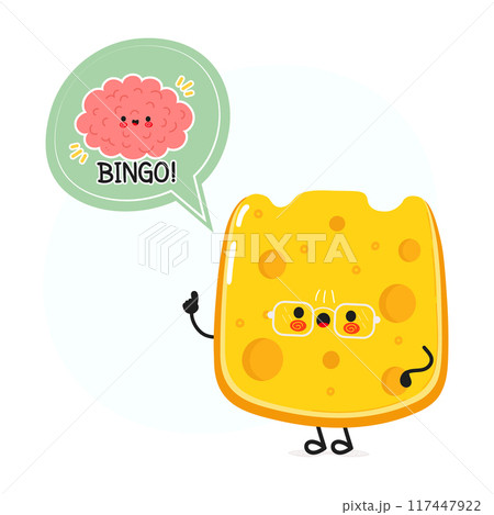 Cheese with speech bubble and brain character. Vector hand drawn cartoon kawaii character illustration. Isolated white background. Cheese poster and brain 117447922