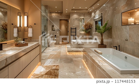 Modern White Bathroom Design with Freestanding Bathtub. Light shine through from a side 117448153