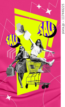 Bright poster for upcoming giant sales season with two happy young woman doing shopping during low prices period. Contemporary art collage. 117448225