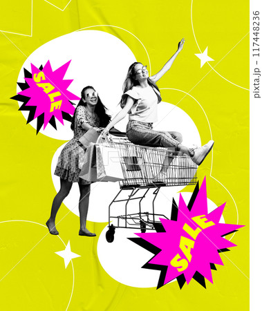 Happy young women doing big shopping activity. Bright yellow background with pink speech bubbles saying about sales. Contemporary art collage. Happy young women doing big shopping activity. Bright yellow background with pink speech bubbles saying about sales. Contemporary art collage. 117448236