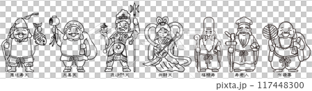 Simple and cute illustration of the Seven Lucky Gods (line drawing) 117448300