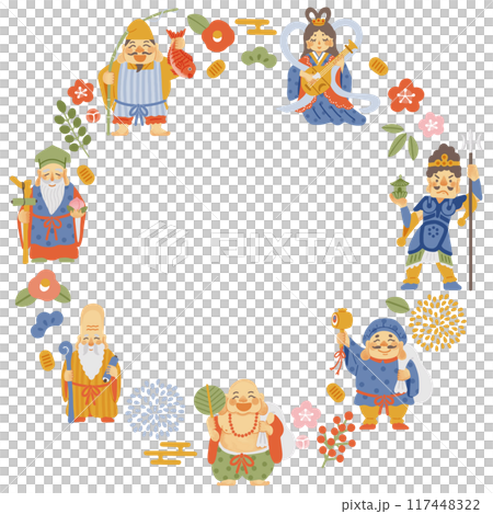 圓形框架，帶有簡單可愛的七福神插圖 117448322