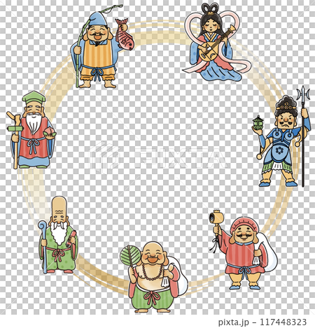 Simple and cute circular frame with illustrations of the Seven Lucky Gods 117448323