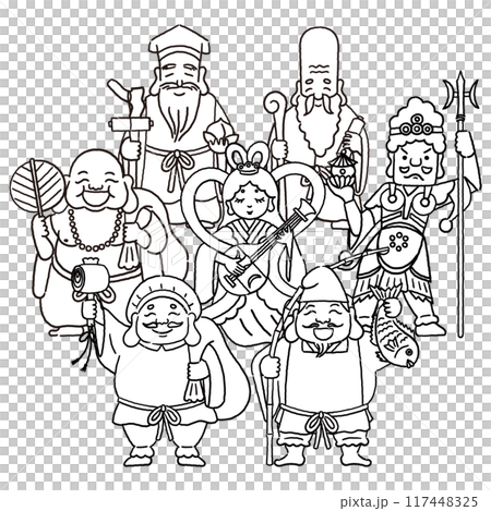 シンプルでかわいい七福神のイラスト（線画） 117448325