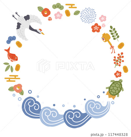 鶴亀や松竹梅など縁起物のイラスト円形フレーム 117448328