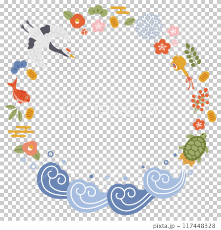 A circular frame with illustrations of lucky objects such as cranes, turtles, pine trees, bamboo, and plums 117448328