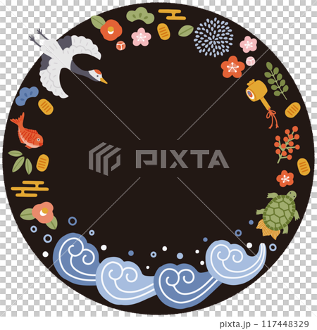 A circular frame with illustrations of auspicious items such as cranes, turtles, pine, bamboo, and plum (black background) 117448329
