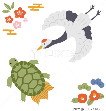 鶴亀や松竹梅など縁起物のイラストセット 117448330