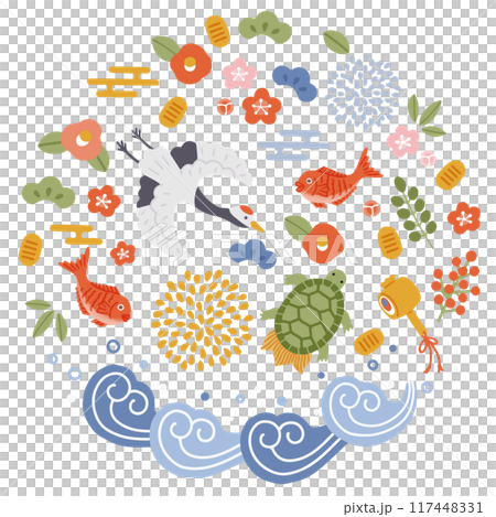 鶴亀や松竹梅など縁起物のイラストセット 鶴亀や松竹梅など縁起物のイラストセット 117448331