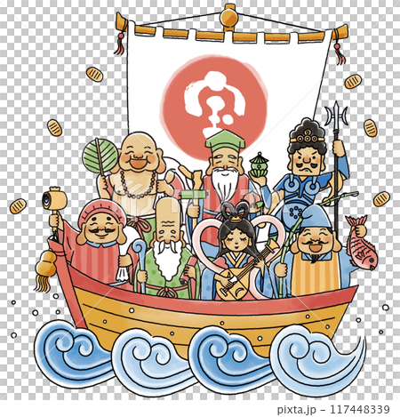 A simple and cute illustration of the Seven Lucky Gods and a treasure ship 117448339
