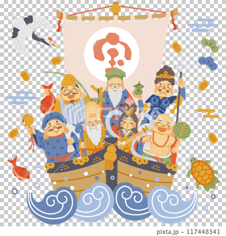 シンプルでかわいい七福神と宝船のイラスト 117448341