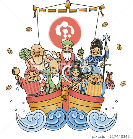 シンプルでかわいい七福神と宝船のイラスト 117448342