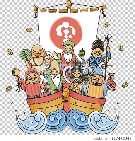 シンプルでかわいい七福神と宝船のイラスト 117448342