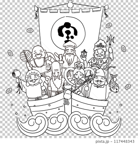 簡單可愛的七福神與寶船插畫(白描) 簡單可愛的七福神與寶船插畫(白描) 117448343