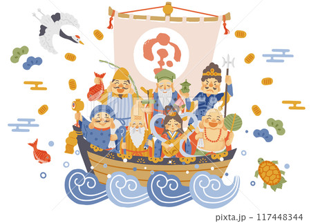 シンプルでかわいい七福神と宝船のイラスト 117448344