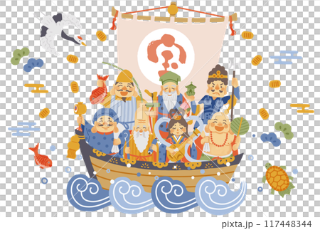 シンプルでかわいい七福神と宝船のイラスト 117448344