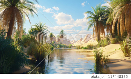 砂漠のオアシスとヤシの木 砂漠のオアシスとヤシの木 117448386