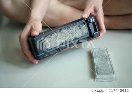 Cat's owner holding a dust filter after vacuum and cleaning house. A purpose of this filter is to collect the dust that passes through the suction nozzle from the carpet or floor. 117448416