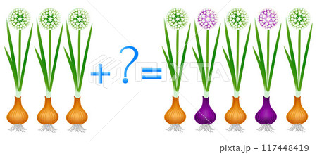 Action relationship of addition, examples with plant onion. Educational game for children. Action relationship of addition, examples with plant onion. Educational game for children. 117448419