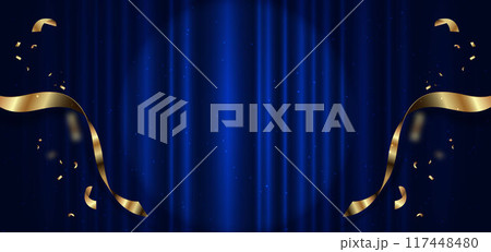 Blue curtain background. Golden confetti banner and ribbon background. Celebration grand openning party happy concept. 117448480