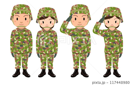 自衛隊　敬礼をする男性と女性自衛官のイラスト 117448980