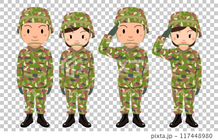 自衛隊　敬礼をする男性と女性自衛官のイラスト 117448980
