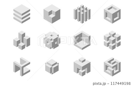 Cube logo, geometric vector design. Box logotype company, trendy tech emblem in pixel style. 117449198
