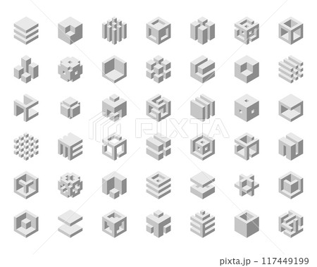 Cube logo, geometric vector design. Box logotype company, trendy tech emblem in pixel style. 117449199