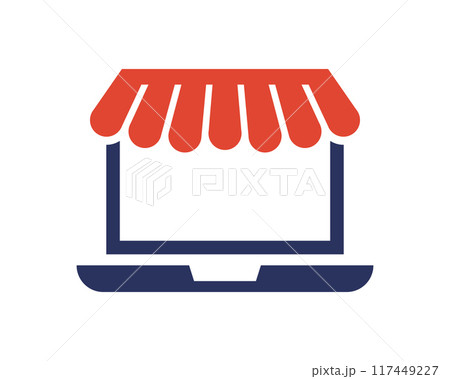 Shopping store logo for mobile e comerce and local market branding. Online shop icon simple minimalist sign for payments, shipping and sale, vector illustration. 117449227
