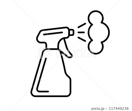 Clean icon of fluid spray in cleaning bottle aerosol. Sign tool for water gas nozzle, disinfection, hygiene spatter. 117449236
