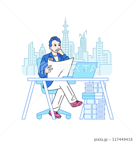 椅子に座って考えている男性のイラスト　建築家 117449418