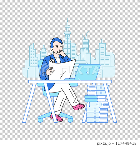 椅子に座って考えている男性のイラスト　建築家 117449418