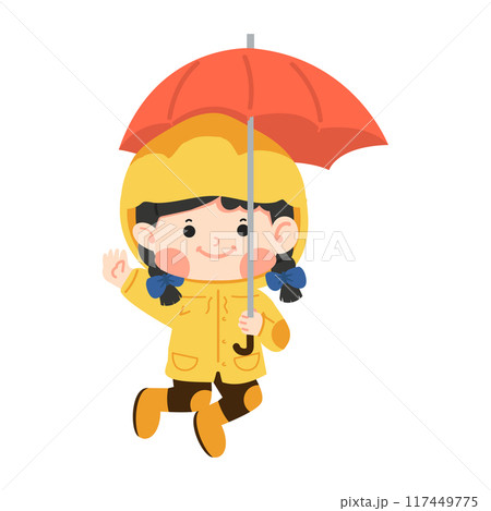 Kid girl in a yellow raincoat jumping under an umbrella 117449775
