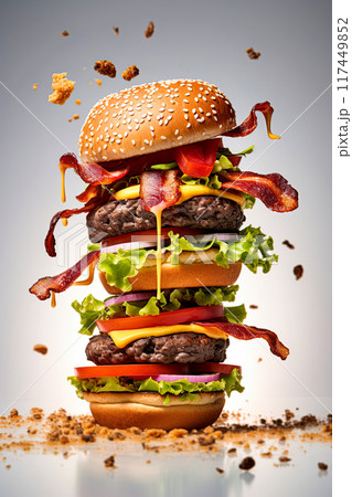 Stacked burger with juicy beef patty, bacon, melted cheese, fresh lettuce, tomatoes, and pickles. Generative Ai 117449852
