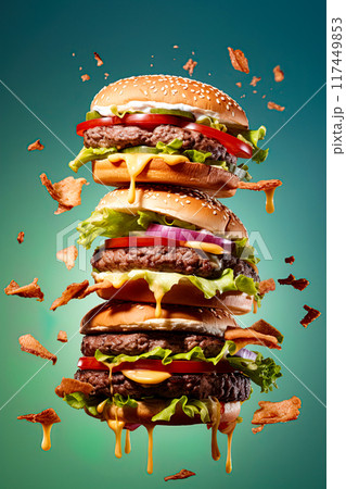 Stacked burger with juicy beef patty, bacon, melted cheese, fresh lettuce, tomatoes, and pickles. Generative Ai 117449853