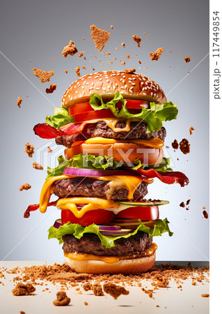 Stacked burger with juicy beef patty, bacon, melted cheese, fresh lettuce, tomatoes, and pickles. Generative Ai 117449854
