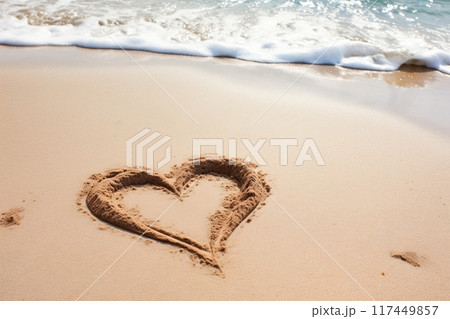 Heart drawn in a sand at the tropical beach near the ocean. Generative Ai 117449857