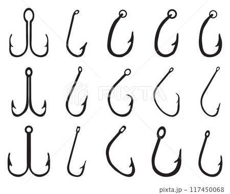Black silhouettes of different fishing hooks 117450068