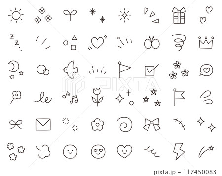 手書き風の飾りイラストのベクターイラストセット。手描き、集中線、注目、星、ハート、キラキラ 手書き風の飾りイラストのベクターイラストセット。手描き、集中線、注目、星、ハート、キラキラ 117450083