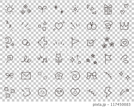 手書き風の飾りイラストのベクターイラストセット。手描き、集中線、注目、星、ハート、キラキラ 手書き風の飾りイラストのベクターイラストセット。手描き、集中線、注目、星、ハート、キラキラ 117450083
