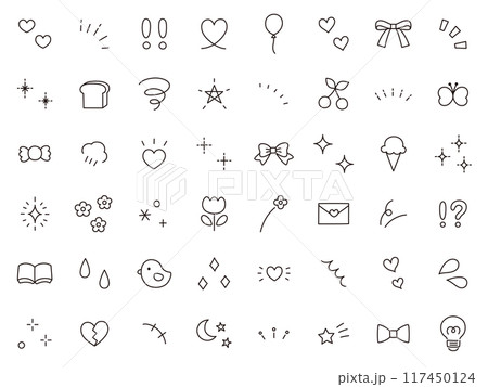 手書き風の飾りイラストのベクターイラストセット。手描き、集中線、注目、星、ハート、キラキラ 手書き風の飾りイラストのベクターイラストセット。手描き、集中線、注目、星、ハート、キラキラ 117450124