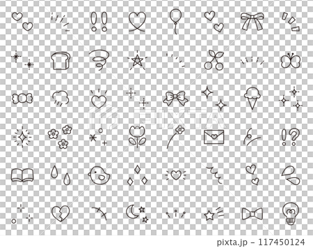 手書き風の飾りイラストのベクターイラストセット。手描き、集中線、注目、星、ハート、キラキラ 手書き風の飾りイラストのベクターイラストセット。手描き、集中線、注目、星、ハート、キラキラ 117450124
