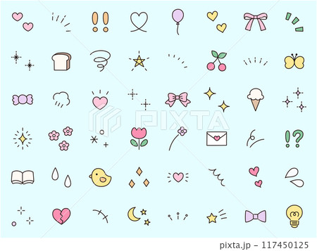 手書き風の飾りイラストのベクターイラストセット。手描き、集中線、注目、星、ハート、キラキラ 手書き風の飾りイラストのベクターイラストセット。手描き、集中線、注目、星、ハート、キラキラ 117450125