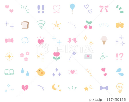 手書き風の飾りイラストのベクターイラストセット。手描き、集中線、注目、星、ハート、キラキラ 手書き風の飾りイラストのベクターイラストセット。手描き、集中線、注目、星、ハート、キラキラ 117450126