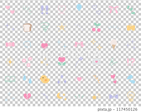 手書き風の飾りイラストのベクターイラストセット。手描き、集中線、注目、星、ハート、キラキラ 手書き風の飾りイラストのベクターイラストセット。手描き、集中線、注目、星、ハート、キラキラ 117450126