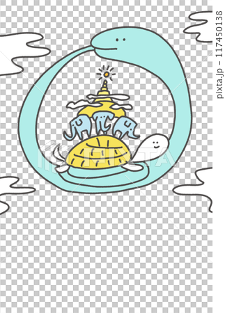 Ancient Indian cosmology: New Year's card illustration of a large snake and a turtle 2025 117450138