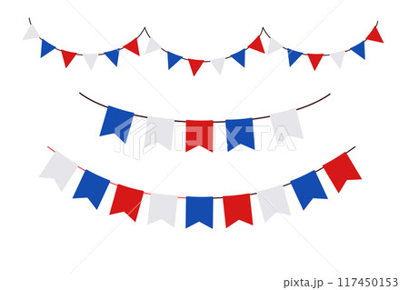 Hanging French garland. Color pennant border isolated on white background. Triangle flags Hanging French garland. Color pennant border isolated on white background. Triangle flags 117450153