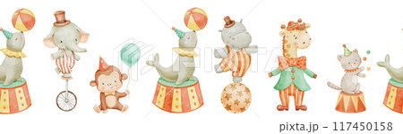 Seamless border with watercolor cute circus animals. Childish hand drawn background with funny hippo, elephant and monkey. Seamless border with watercolor cute circus animals. Childish hand drawn background with funny hippo, elephant and monkey. 117450158