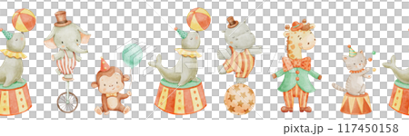 Seamless border with watercolor cute circus animals. Childish hand drawn background with funny hippo, elephant and monkey. 117450158